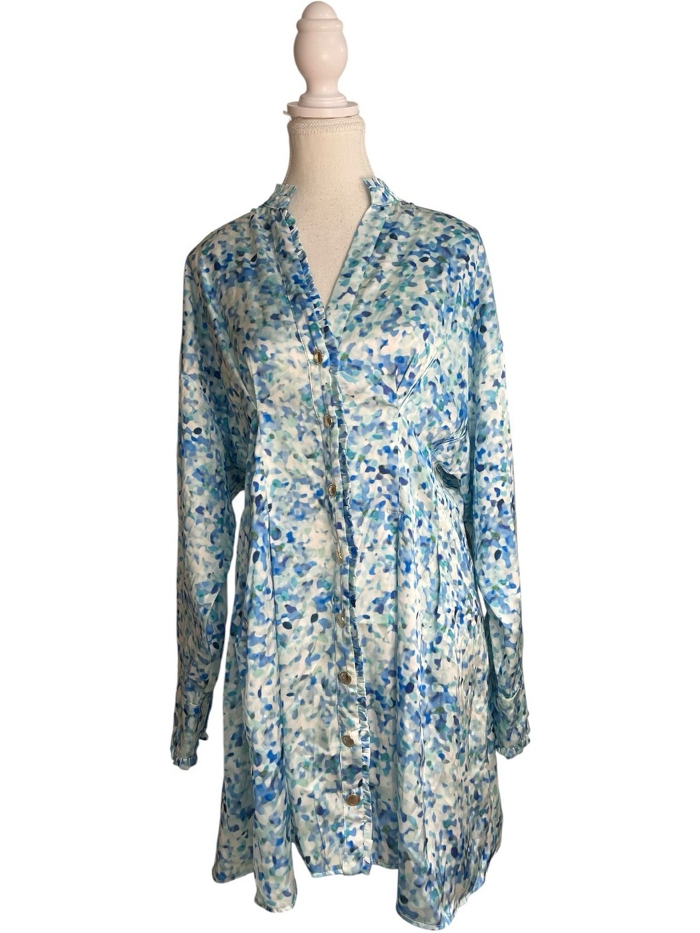 Zara Satin Floral Button-Front Shirt Dress Blue